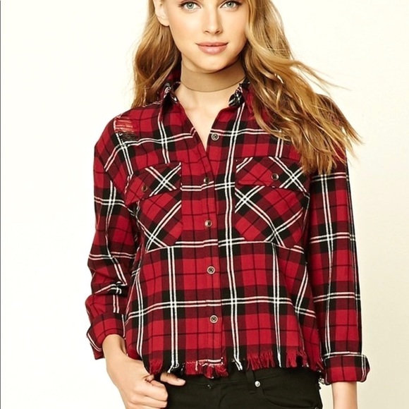 FOREVER 21 fringe flannel red plaid shirt women's size L - Picture 1 of 10